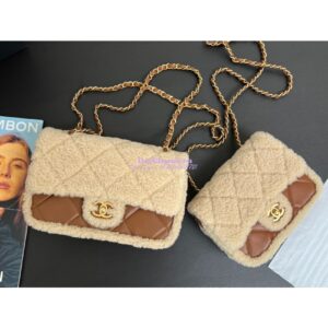 Replica Chanel 24P Mini Flap Bag Shearling Lambskin AS5148 Beige Brown Limited Edition
