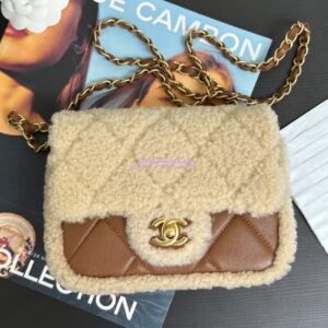 Replica Chanel 24P Mini Flap Bag Shearling Lambskin AS5148 Beige Brown Limited Edition 2
