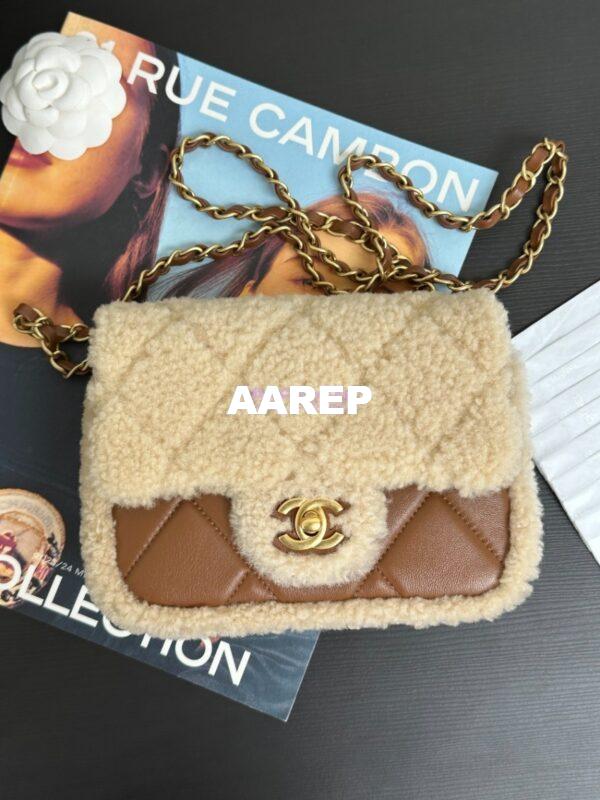 Replica Chanel 24P Mini Flap Bag Shearling Lambskin AS5148 Beige Brown Limited Edition 4