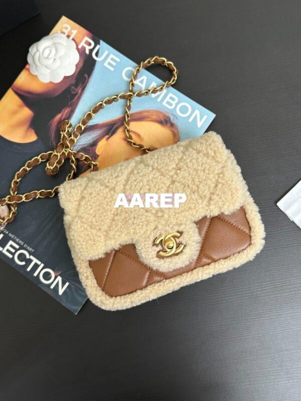 Replica Chanel 24P Mini Flap Bag Shearling Lambskin AS5148 Beige Brown Limited Edition 5