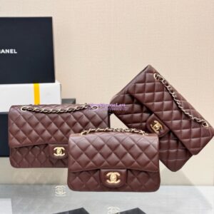 Replica Chanel Small Classic Flap CF Bag Lambskin Shining Light Gold Hardware 20cm in Dark Brown