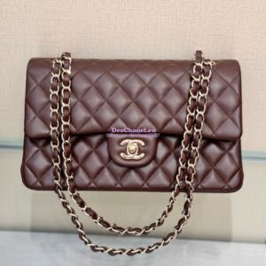 Replica Chanel Medium Classic Double Flap CF Bag Quilted Lambskin Light Gold Hardware Dark Brown