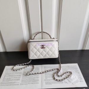 Replica Chanel New 24A Lambskin Vanity With Chain and Top Handle with Rhinestones AP3593 White