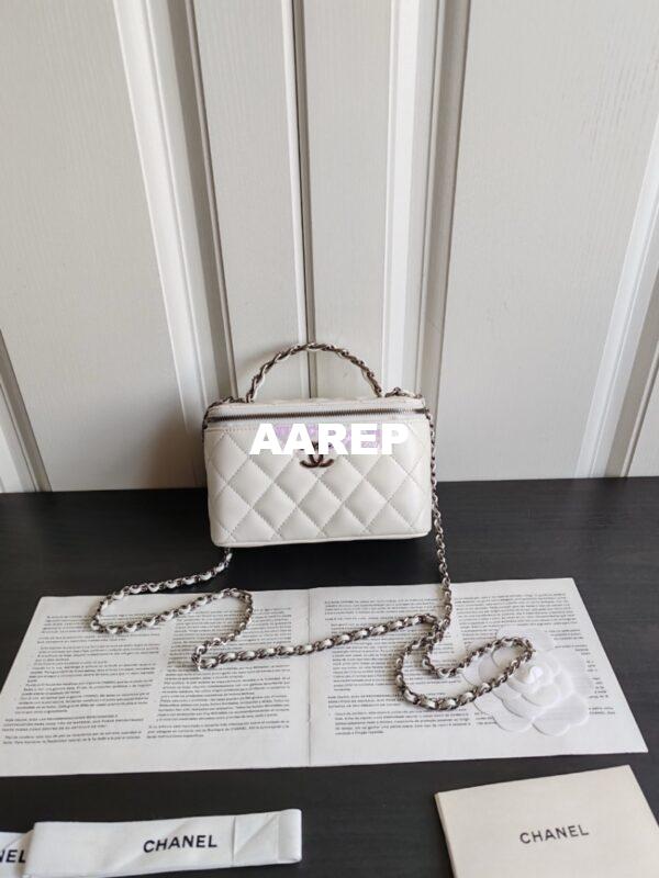Replica Chanel New 24A Lambskin Vanity With Chain and Top Handle with Rhinestones AP3593 White 3