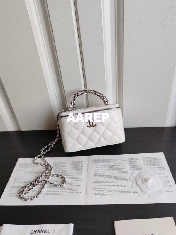 Replica Chanel New 24A Lambskin Vanity With Chain and Top Handle with Rhinestones AP3593 White 4