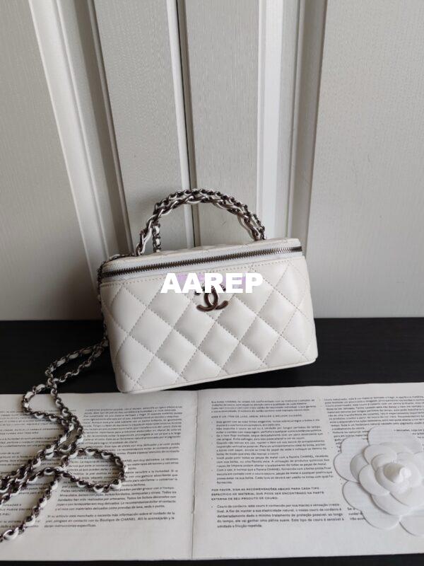 Replica Chanel New 24A Lambskin Vanity With Chain and Top Handle with Rhinestones AP3593 White 7