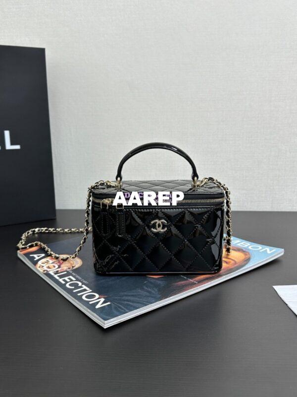 Replica Chanel New 24A Glossy Calfskin Vanity With Chain and Top Handle AP2199 Black 3