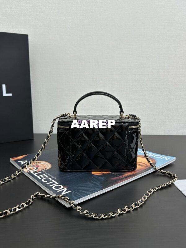 Replica Chanel New 24A Glossy Calfskin Vanity With Chain and Top Handle AP2199 Black 11