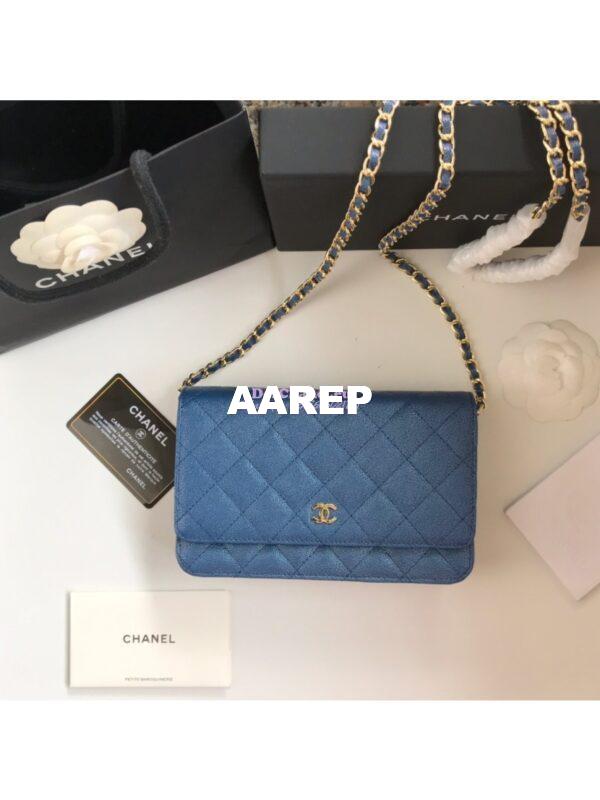 Replica Chanel CC 19s Iridescent Grainy Calfskin Wallet On Chain WOC Bag Dark Blue