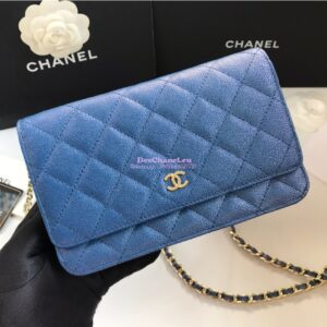 Replica Chanel CC 19s Iridescent Grainy Calfskin Wallet On Chain WOC Bag Dark Blue 2