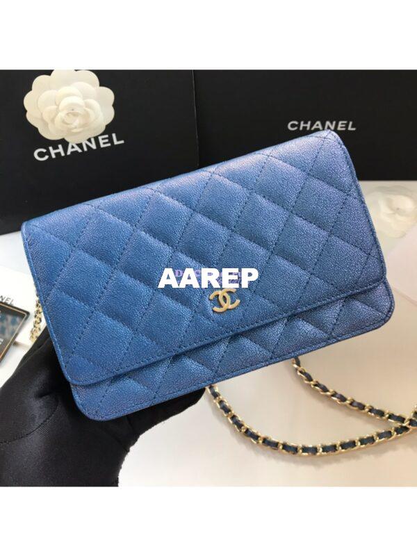 Replica Chanel CC 19s Iridescent Grainy Calfskin Wallet On Chain WOC Bag Dark Blue 2