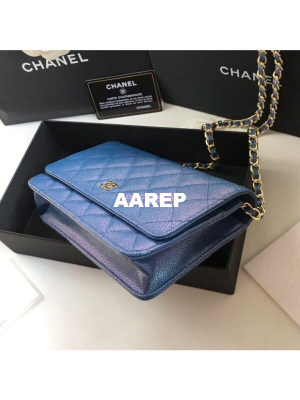 Replica Chanel CC 19s Iridescent Grainy Calfskin Wallet On Chain WOC Bag Dark Blue 3