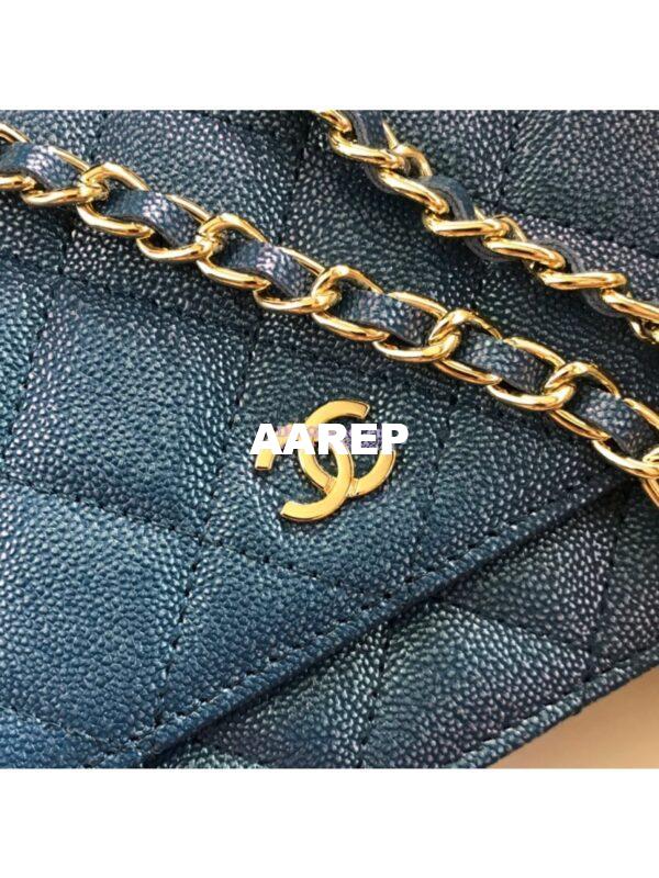 Replica Chanel CC 19s Iridescent Grainy Calfskin Wallet On Chain WOC Bag Dark Blue 4