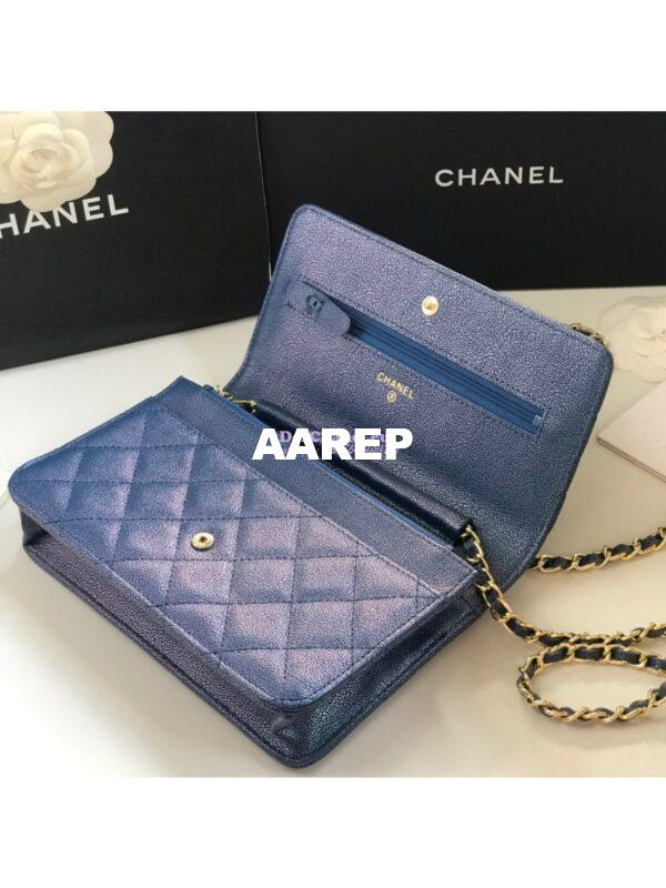 Replica Chanel CC 19s Iridescent Grainy Calfskin Wallet On Chain WOC Bag Dark Blue 5