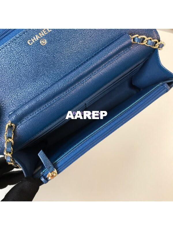 Replica Chanel CC 19s Iridescent Grainy Calfskin Wallet On Chain WOC Bag Dark Blue 7