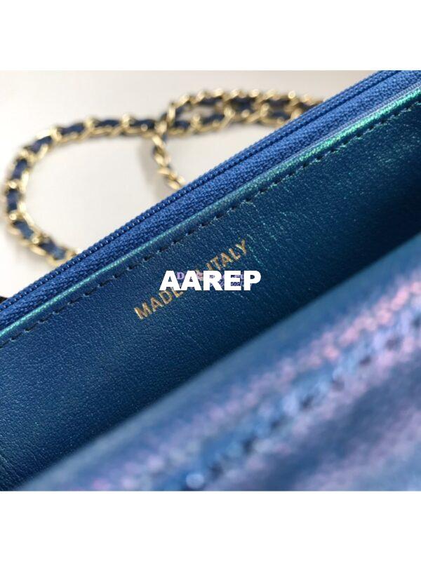 Replica Chanel CC 19s Iridescent Grainy Calfskin Wallet On Chain WOC Bag Dark Blue 8