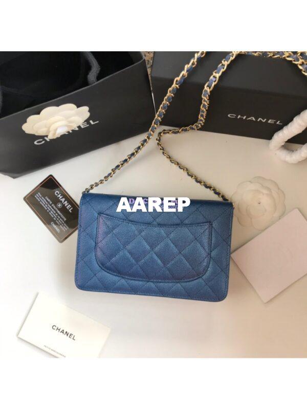 Replica Chanel CC 19s Iridescent Grainy Calfskin Wallet On Chain WOC Bag Dark Blue 9
