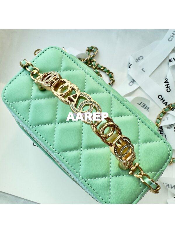 Replica Chanel Lambskin Clutch With Chain with Diamanté Logo Top Handle AP4046 Light Green 5