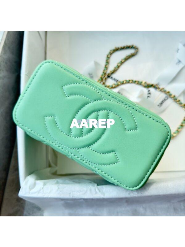 Replica Chanel Lambskin Clutch With Chain with Diamanté Logo Top Handle AP4046 Light Green 8