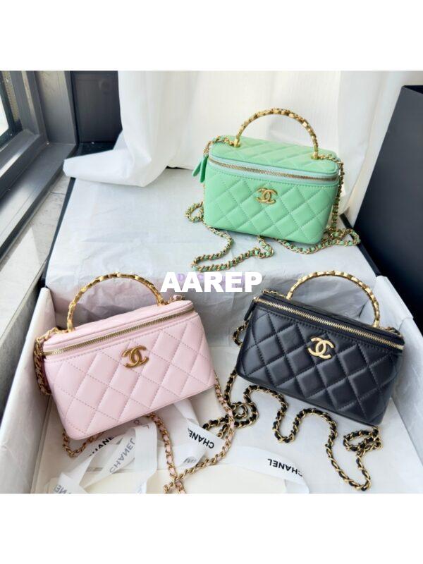 Replica Chanel Lambskin Clutch With Chain with Diamanté Logo Top Handle AP4046 Light Pink 3