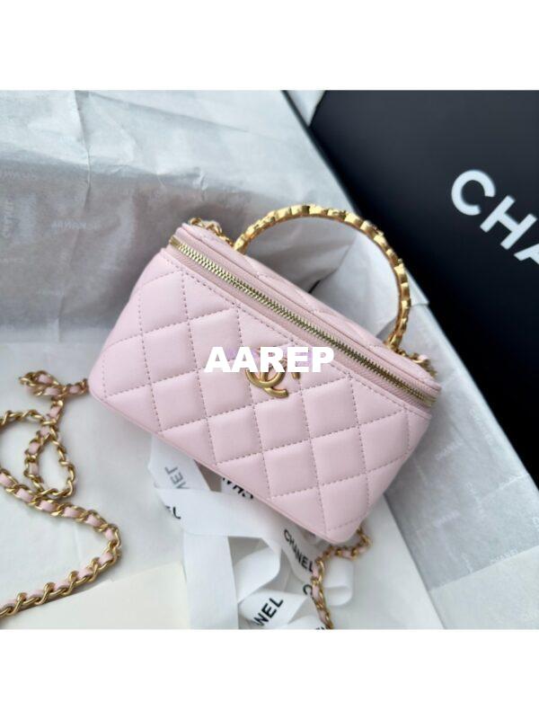 Replica Chanel Lambskin Clutch With Chain with Diamanté Logo Top Handle AP4046 Light Pink 4