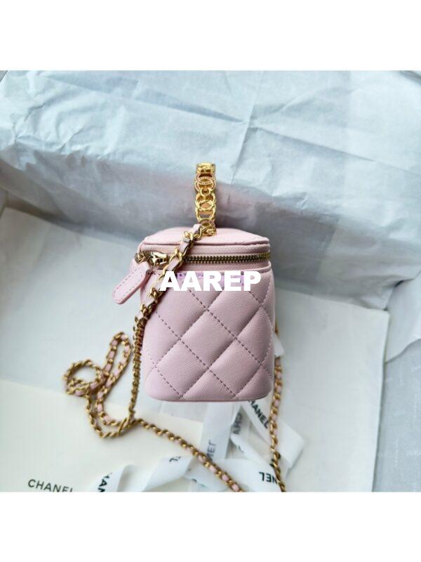 Replica Chanel Lambskin Clutch With Chain with Diamanté Logo Top Handle AP4046 Light Pink 6