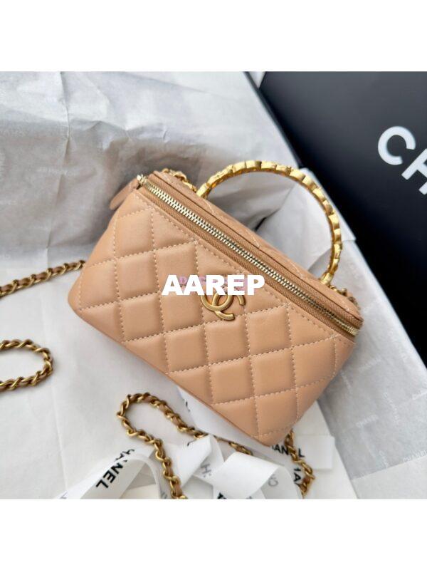 Replica Chanel Lambskin Clutch With Chain with Diamanté Logo Top Handle AP4046 Beige 4