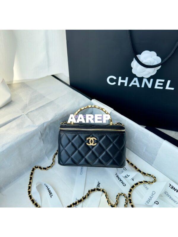 Replica Chanel Lambskin Clutch With Chain with Diamanté Logo Top Handle AP4046 Black 3