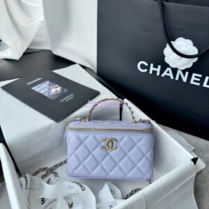 Replica Chanel New 24A Lambskin Vanity With Chain and Top Handle with Rhinestones AP4052 Light Purple