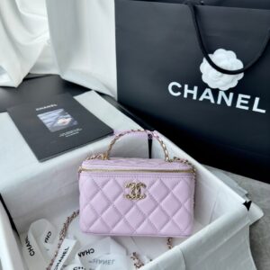 Replica Chanel New 24A Lambskin Vanity With Chain and Top Handle with Rhinestones AP4052 Light Pink