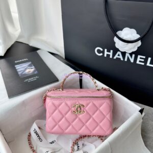 Replica Chanel New 24A Lambskin Vanity With Chain and Top Handle with Rhinestones AP4052 Pink