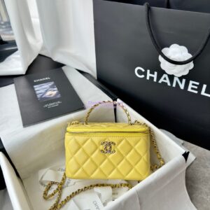 Replica Chanel New 24A Lambskin Vanity With Chain and Top Handle with Rhinestones AP4052 Yellow