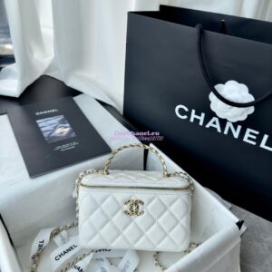 Replica Chanel New 24A Lambskin Vanity With Chain and Top Handle with Rhinestones AP4052 White