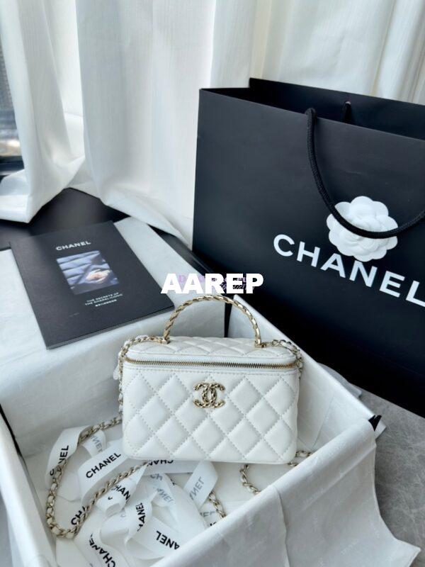 Replica Chanel New 24A Lambskin Vanity With Chain and Top Handle with Rhinestones AP4052 White 3