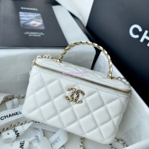 Replica Chanel New 24A Lambskin Vanity With Chain and Top Handle with Rhinestones AP4052 White 2