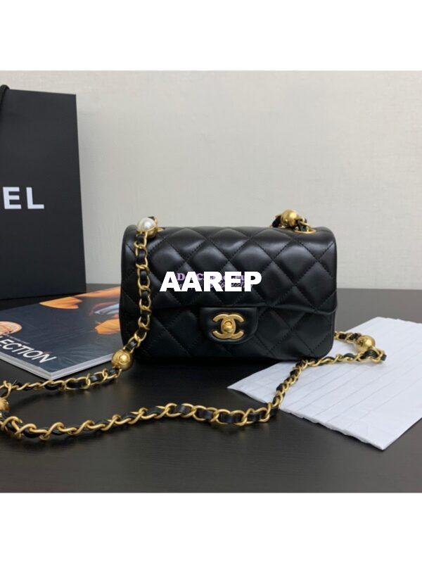 Replica Chanel 24SS Mini Flap Bag in Lambskin with Imitation Pearls Chain AS4947 Black 3