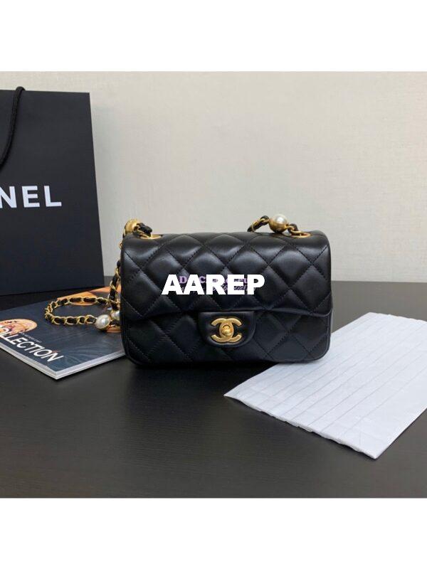 Replica Chanel 24SS Mini Flap Bag in Lambskin with Imitation Pearls Chain AS4947 Black 4