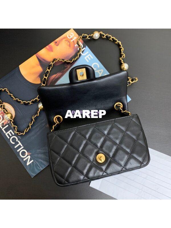 Replica Chanel 24SS Mini Flap Bag in Lambskin with Imitation Pearls Chain AS4947 Black 8