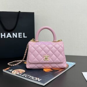 Replica Chanel Mini Coco Handle Bag in Caviar with Edge Stitching AS2215 in Light Gold Hardware Sakura Pink
