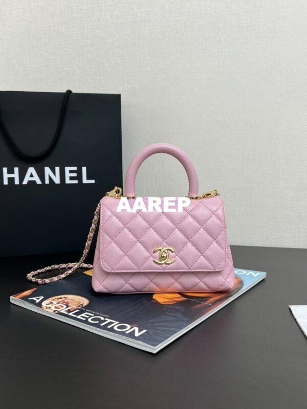 Replica Chanel Mini Coco Handle Bag in Caviar with Edge Stitching AS2215 in Light Gold Hardware Sakura Pink