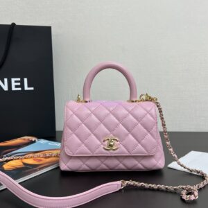 Replica Chanel Mini Coco Handle Bag in Caviar with Edge Stitching AS2215 in Light Gold Hardware Sakura Pink 2
