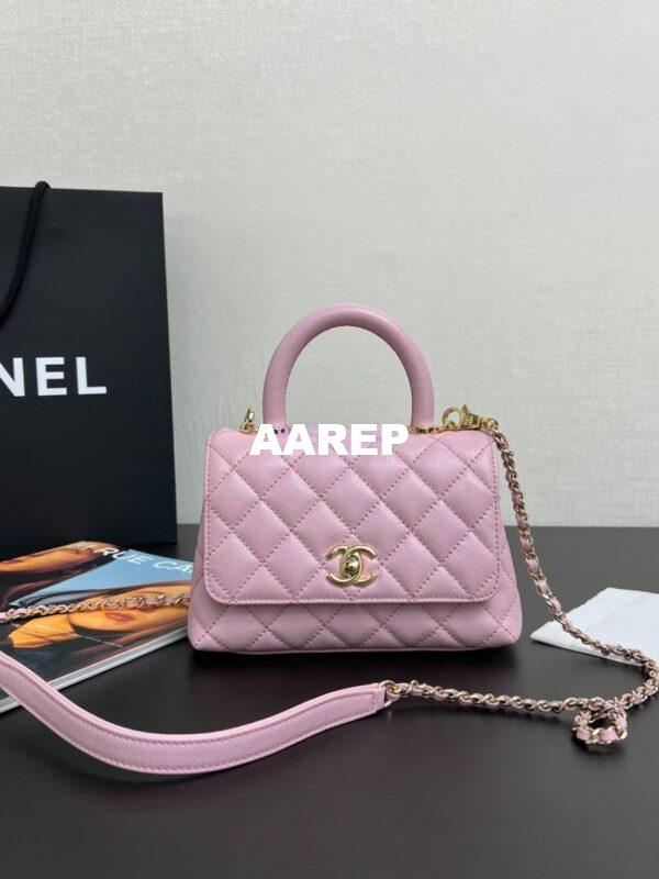 Replica Chanel Mini Coco Handle Bag in Caviar with Edge Stitching AS2215 in Light Gold Hardware Sakura Pink 2