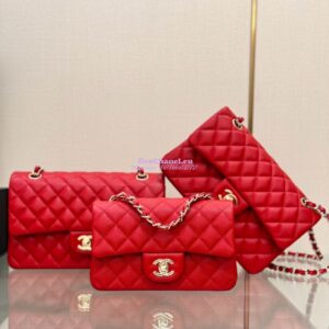 Replica Chanel Small Classic Flap CF Bag Quilted Caviar Shining Light Gold Hardware 20cm in Red