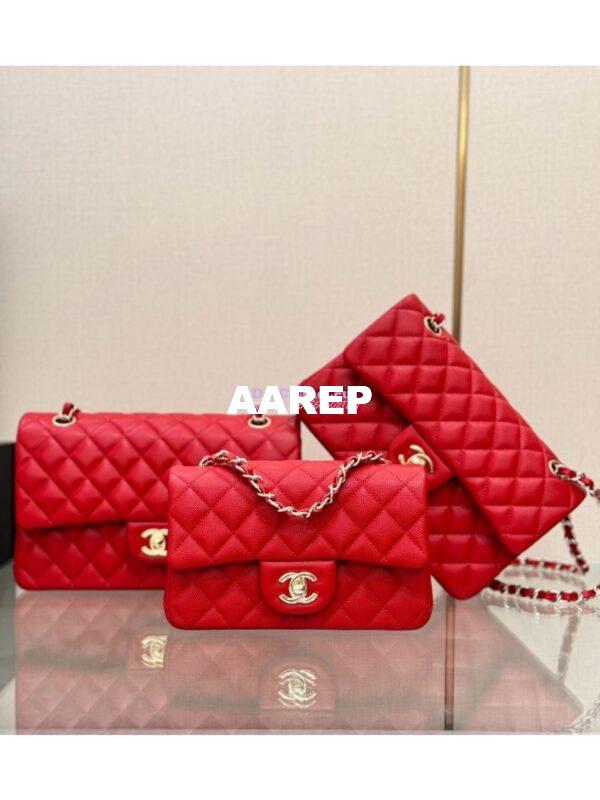 Replica Chanel Small Classic Flap CF Bag Quilted Caviar Shining Light Gold Hardware 20cm in Red 3