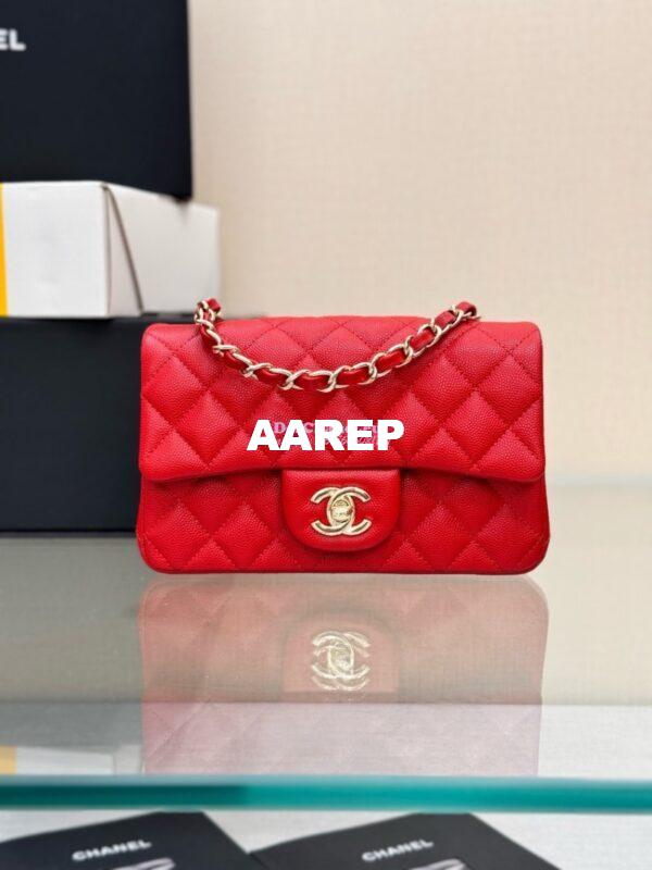 Replica Chanel Small Classic Flap CF Bag Quilted Caviar Shining Light Gold Hardware 20cm in Red 4