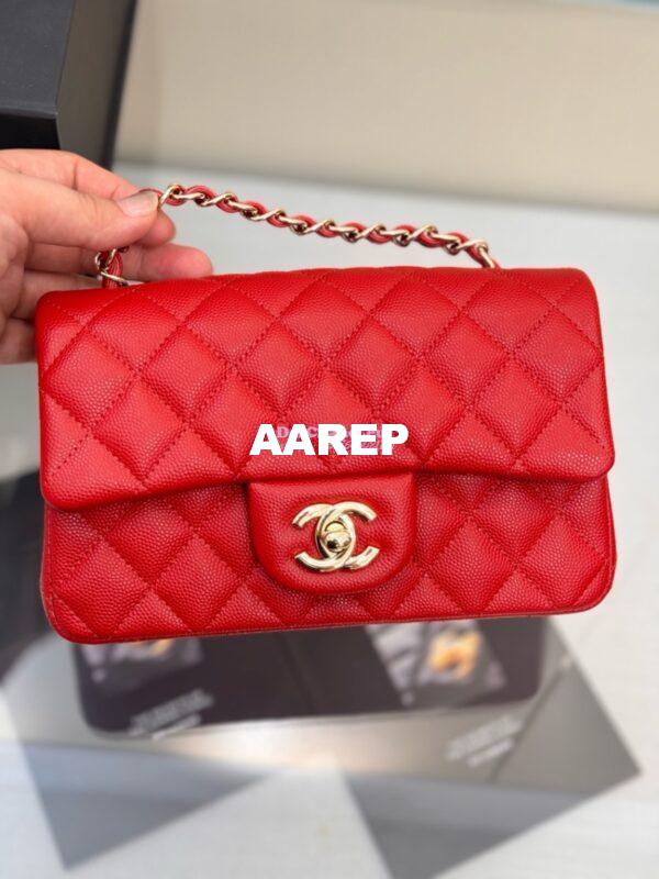 Replica Chanel Small Classic Flap CF Bag Quilted Caviar Shining Light Gold Hardware 20cm in Red 5