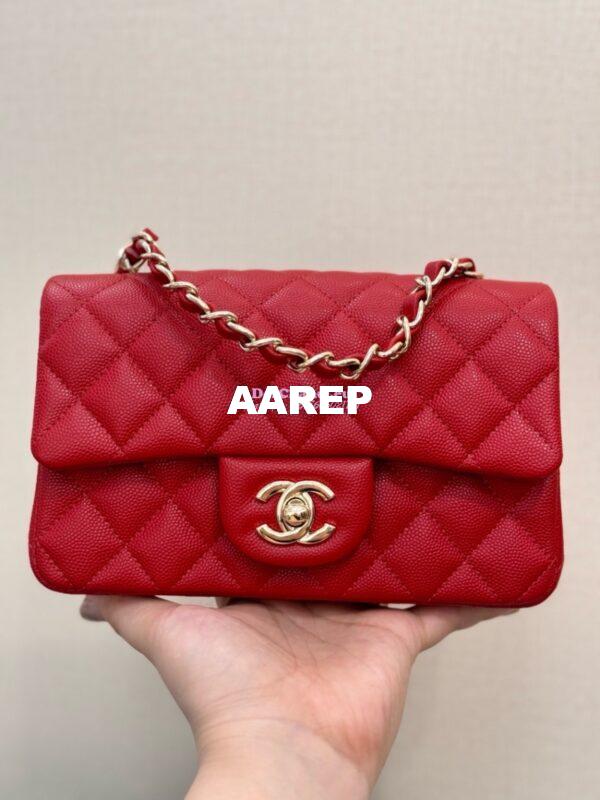 Replica Chanel Small Classic Flap CF Bag Quilted Caviar Shining Light Gold Hardware 20cm in Red 6