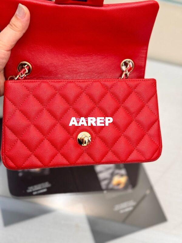 Replica Chanel Small Classic Flap CF Bag Quilted Caviar Shining Light Gold Hardware 20cm in Red 12