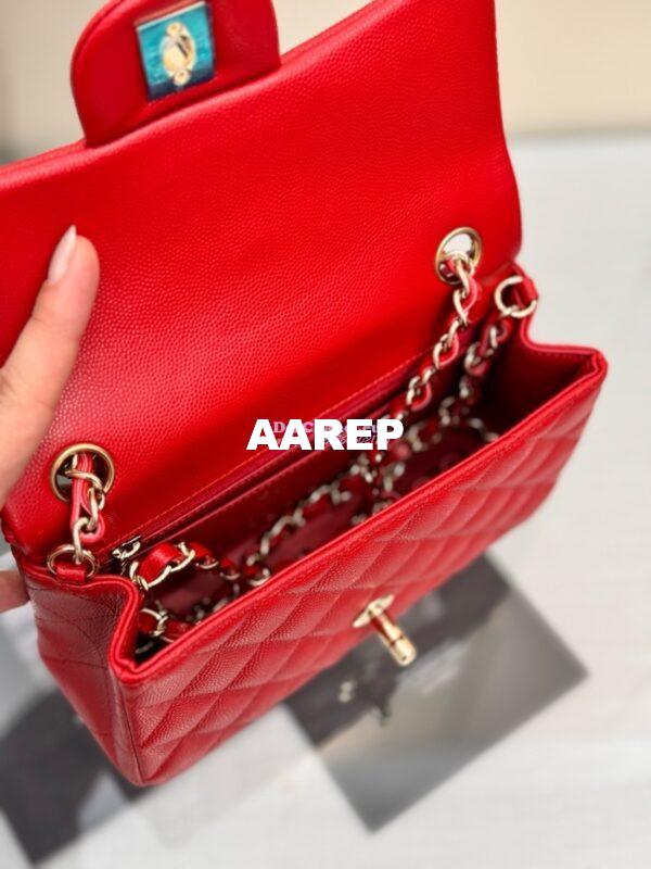 Replica Chanel Small Classic Flap CF Bag Quilted Caviar Shining Light Gold Hardware 20cm in Red 14