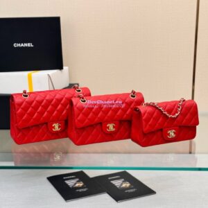 Replica Chanel Small Classic Double Flap Bag in Light Gold Hardware 23cm Quilted Caviar Red